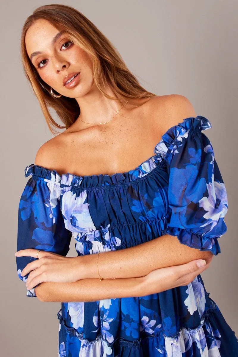 Blue Floral Fit And Flare Dress Puff Sleeve sold by Ally Fashion product image thumbnail 4