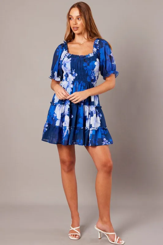 Blue Floral Fit And Flare Dress Puff Sleeve sold by Ally Fashion