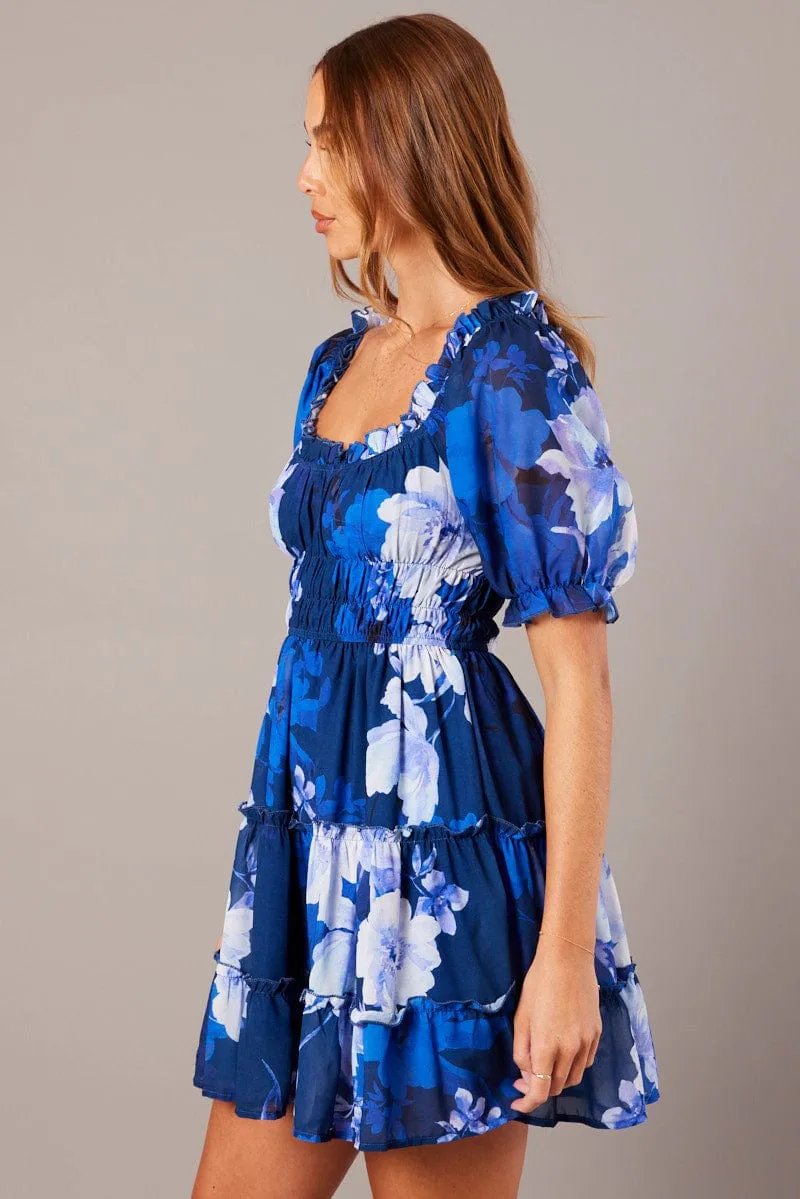 Blue Floral Fit And Flare Dress Puff Sleeve sold by Ally Fashion product image thumbnail 2