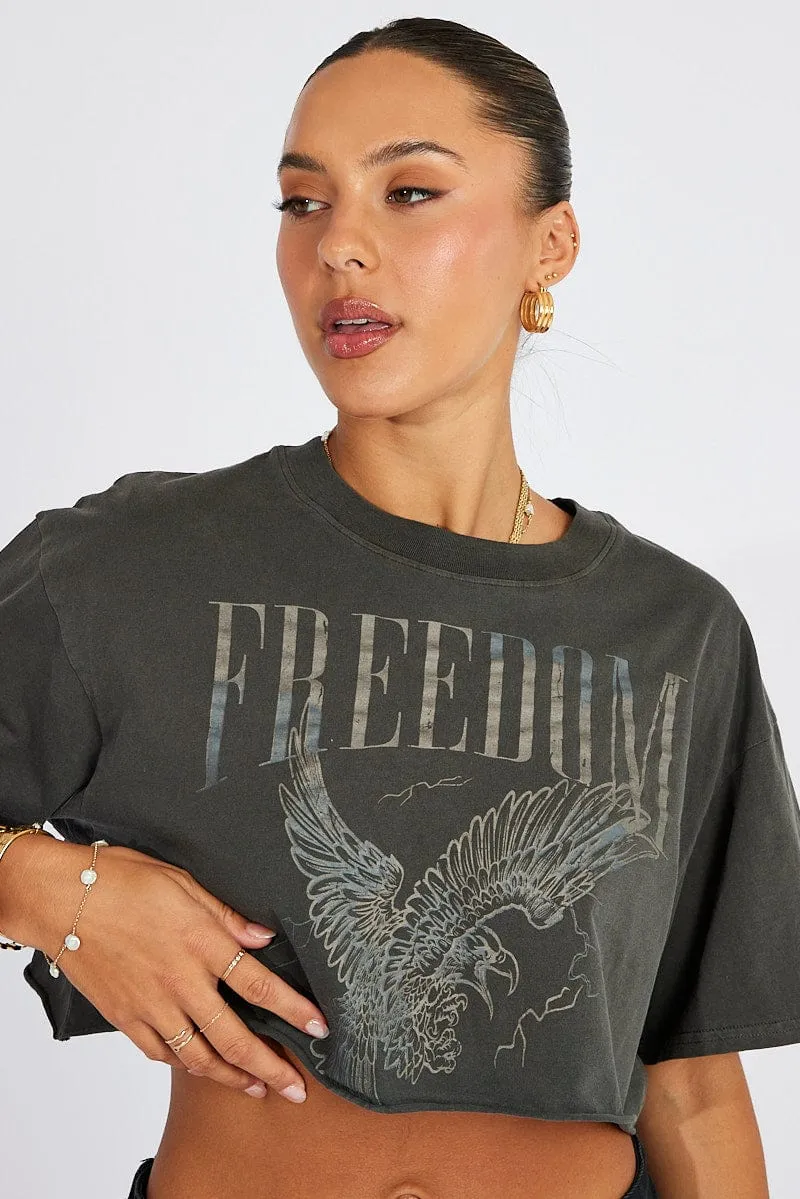 Grey Graphic Tee Short Sleeve Crop Round Neck sold by Ally Fashion