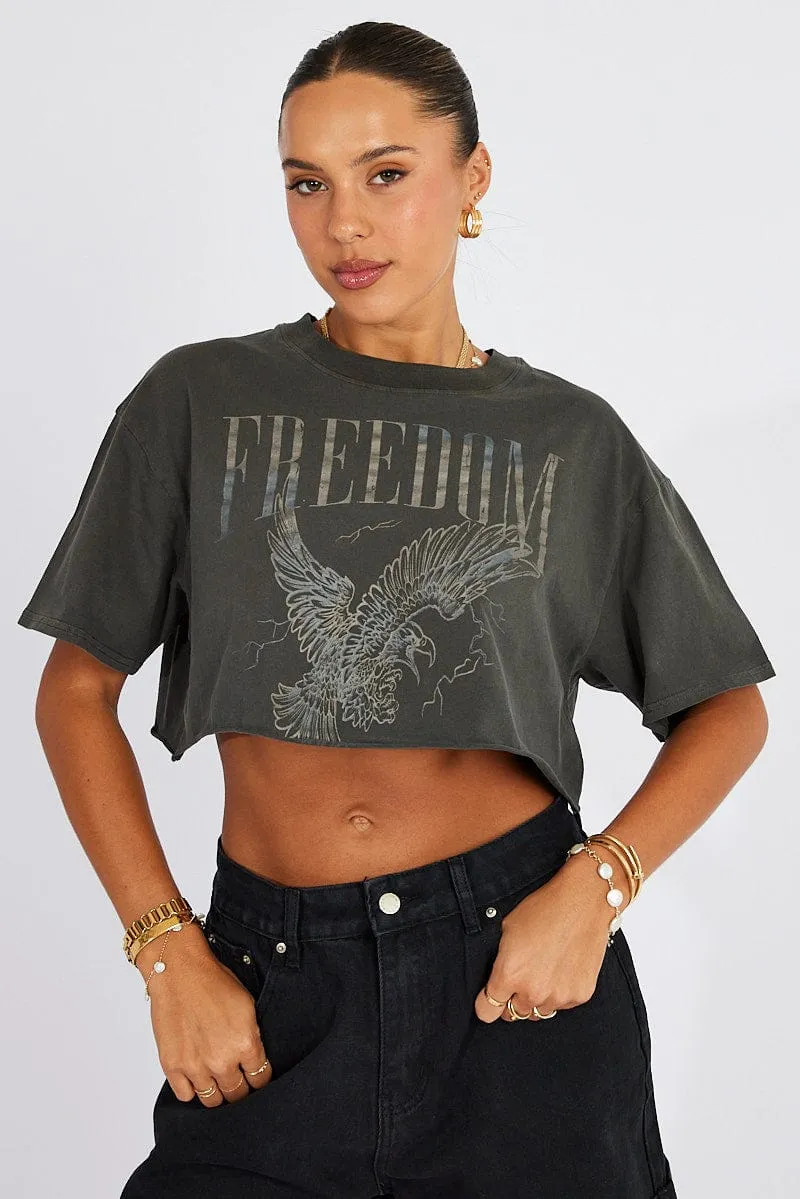 Grey Graphic Tee Short Sleeve Crop Round Neck sold by Ally Fashion product image thumbnail 3