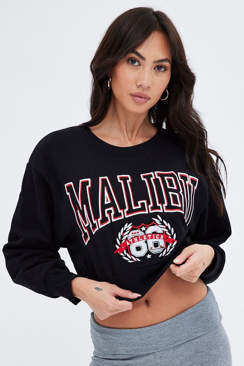 Black Sweater Round Neck Long Sleeve Embroidery sold by Ally Fashion