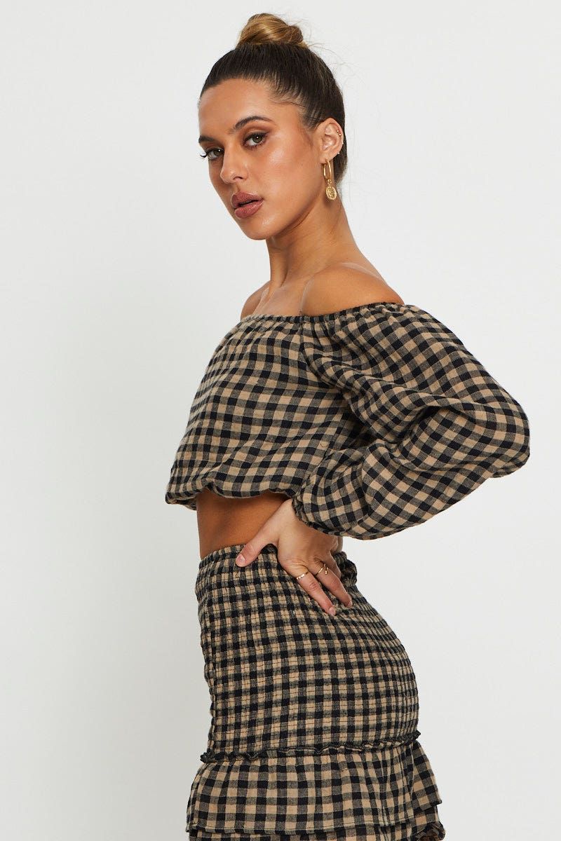 Check Top Long Sleeve Crop Off Shoulder sold by Ally Fashion product image thumbnail 4