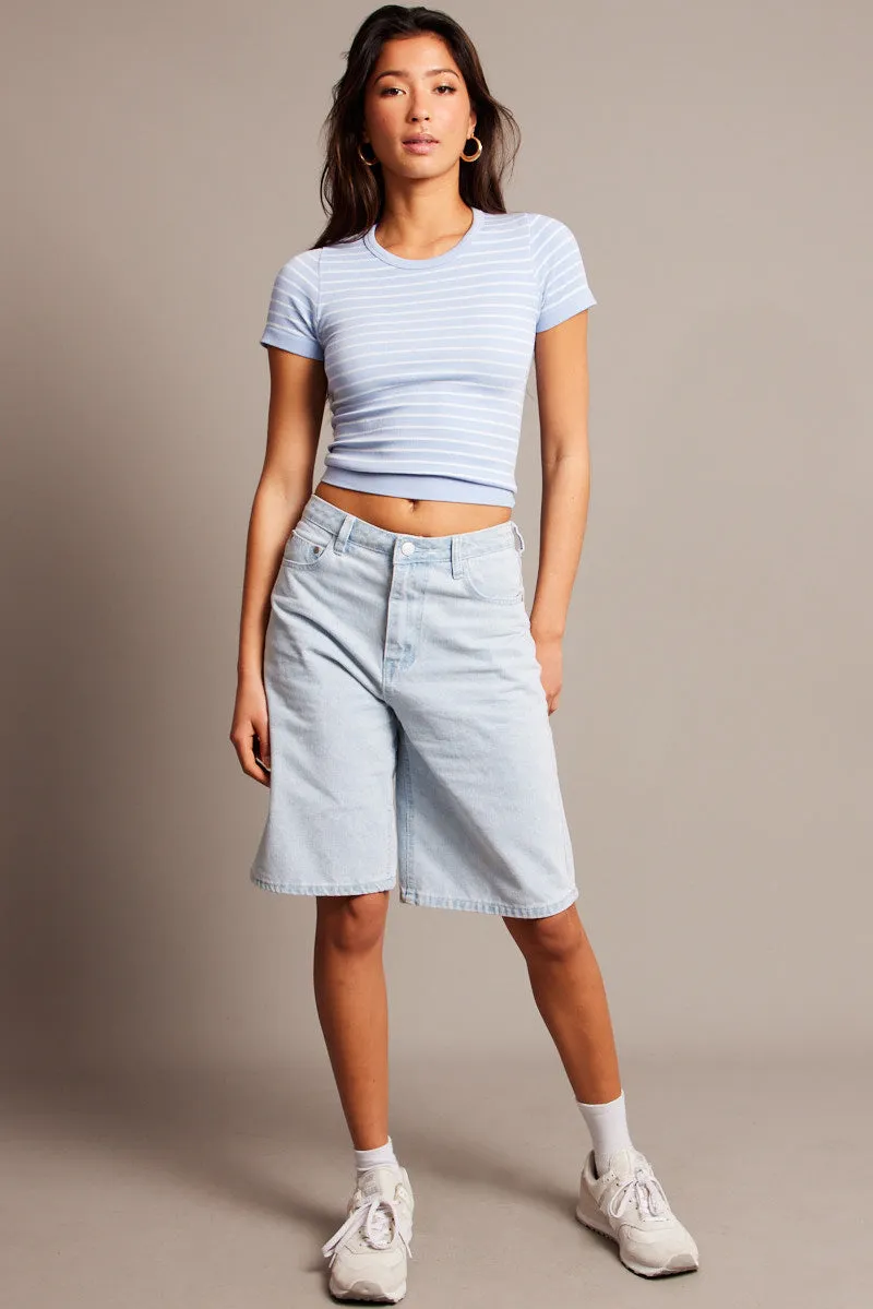 Blue Stripe T Shirt Short Sleeve Crew Neck Seamless sold by Ally Fashion product image thumbnail 2