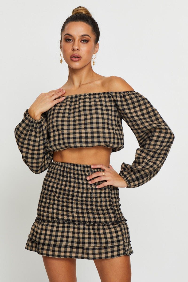 Check Top Long Sleeve Crop Off Shoulder sold by Ally Fashion product image thumbnail 3