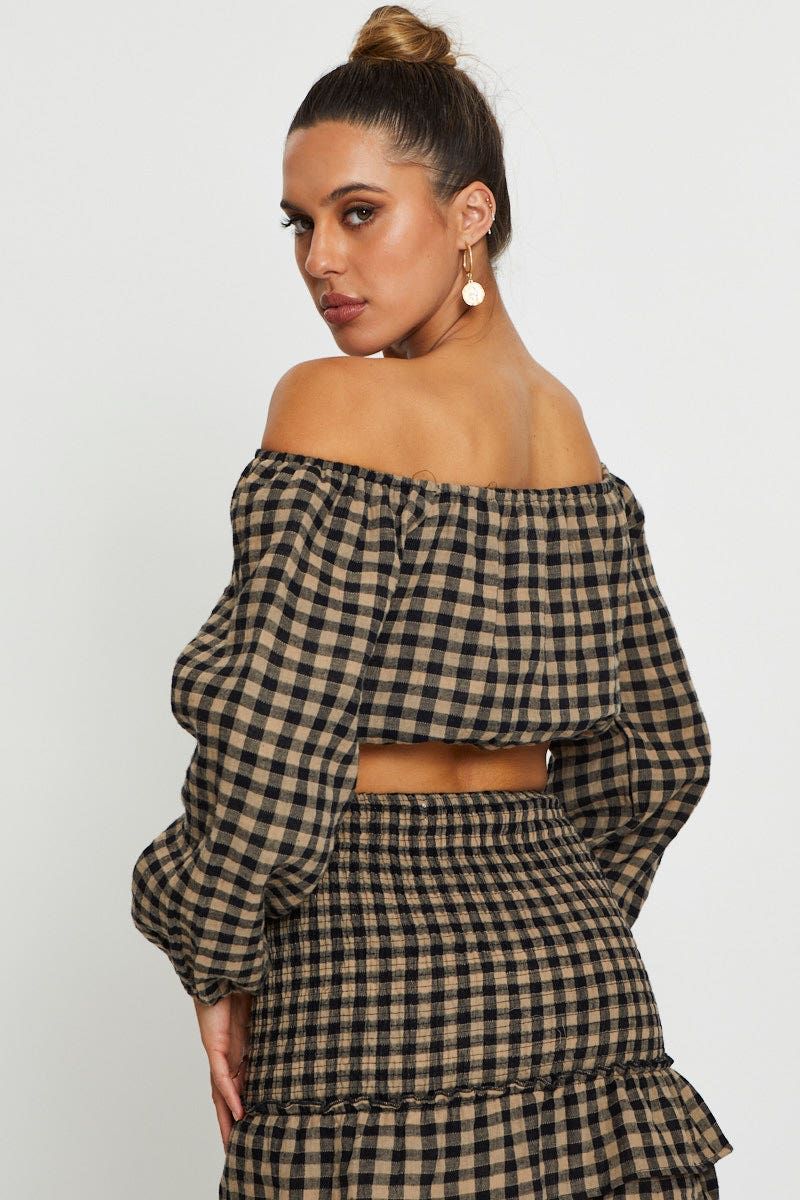 Check Top Long Sleeve Crop Off Shoulder sold by Ally Fashion product image thumbnail 5