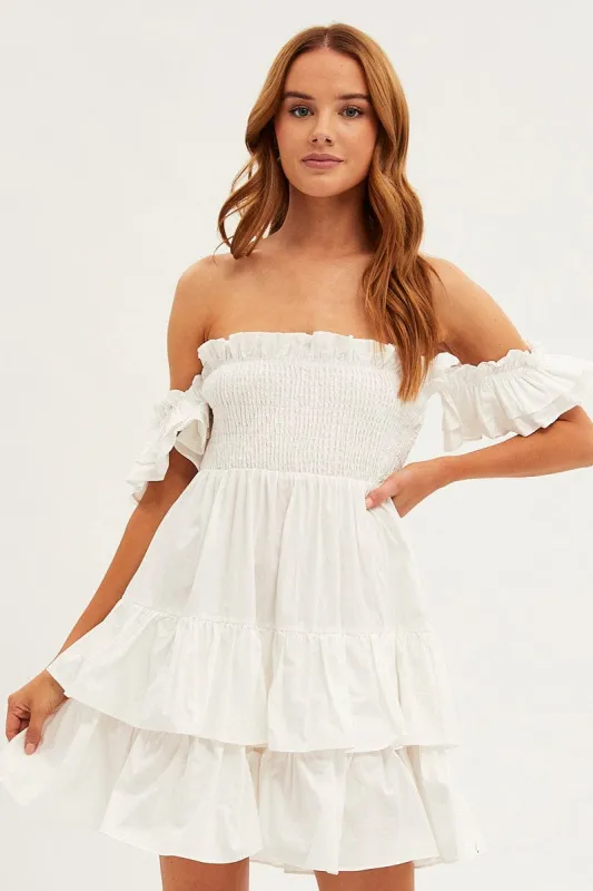 White Off Shoulder Dress Tiered Ruched Bodice sold by Ally Fashion
