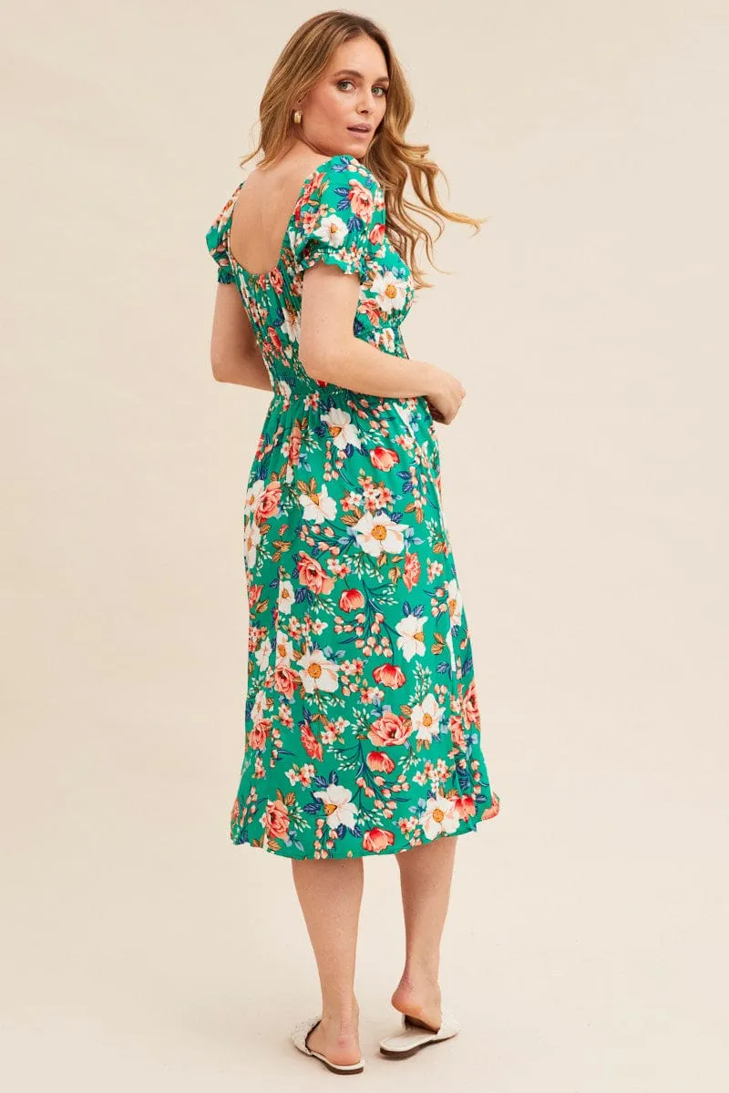 Green Floral Short Puff Sleeve Midi Slit Dress sold by Ally Fashion product image thumbnail 5