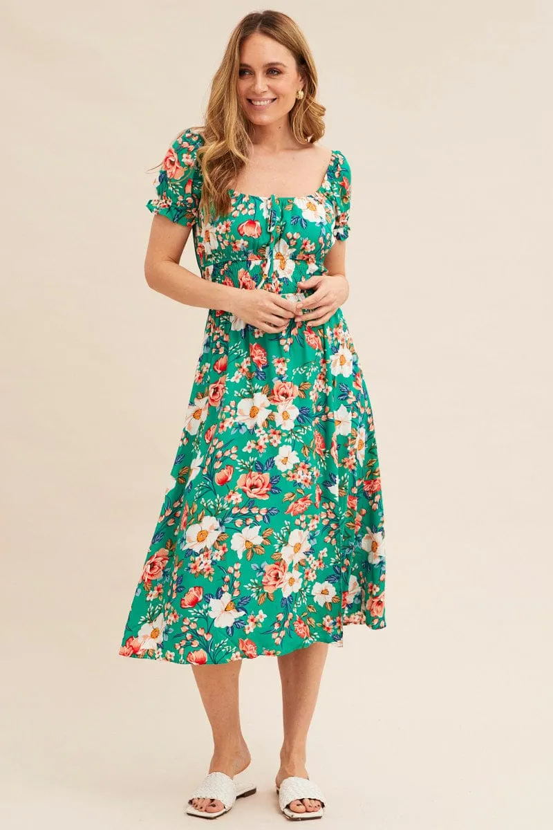 Green Floral Short Puff Sleeve Midi Slit Dress sold by Ally Fashion product image thumbnail 3