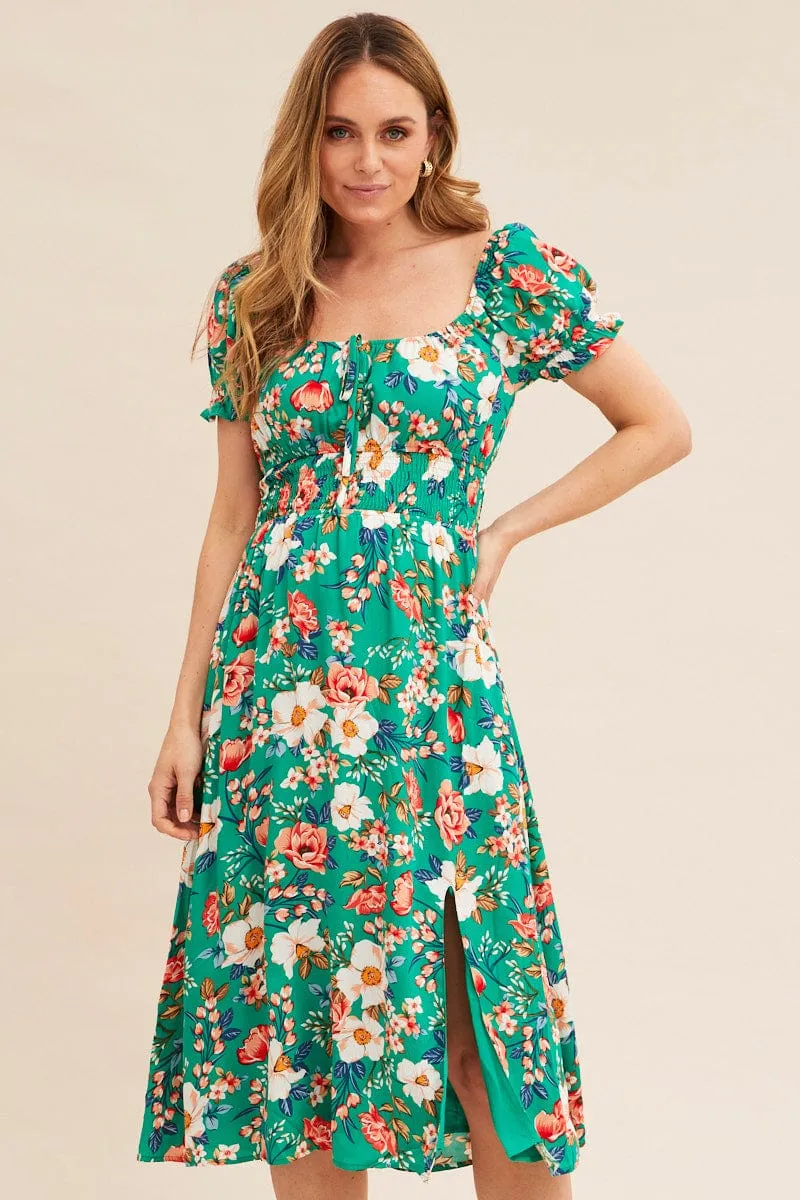 Green Floral Short Puff Sleeve Midi Slit Dress sold by Ally Fashion