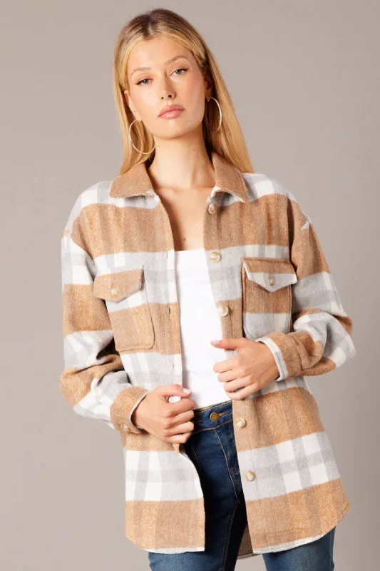 Beige Check Relaxed Shirt Long Sleeve sold by Ally Fashion