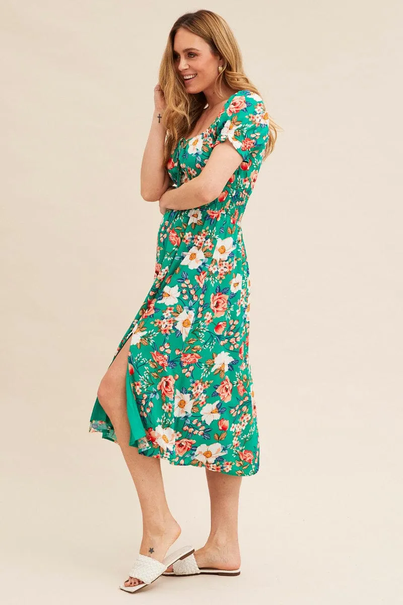 Green Floral Short Puff Sleeve Midi Slit Dress sold by Ally Fashion product image thumbnail 4