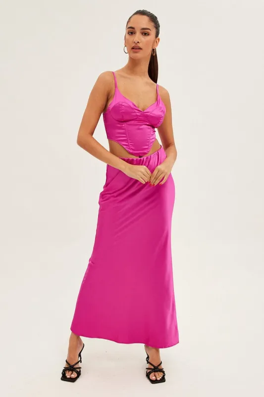 Pink Maxi Skirt Low Rise Elastic Waist Satin sold by Ally Fashion
