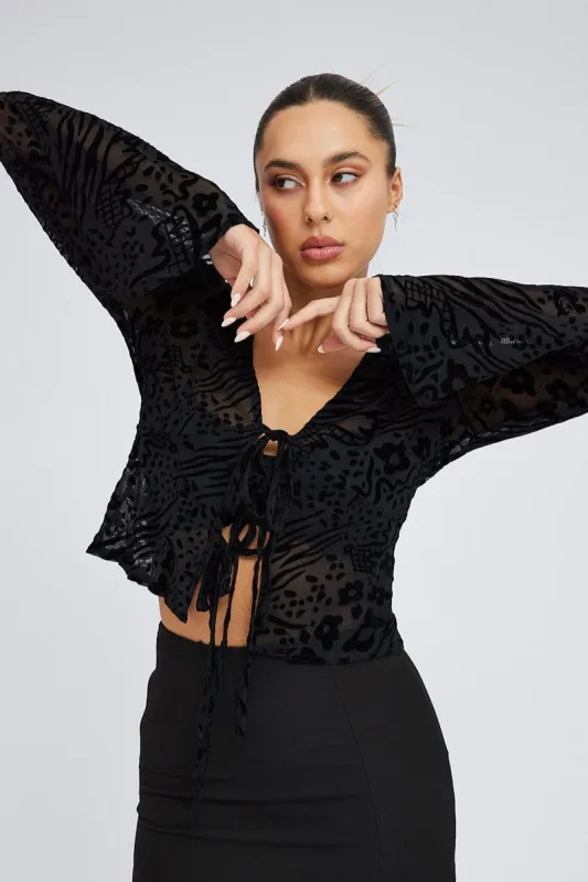 Black Top Long Sleeve Tie front Burnout sold by Ally Fashion