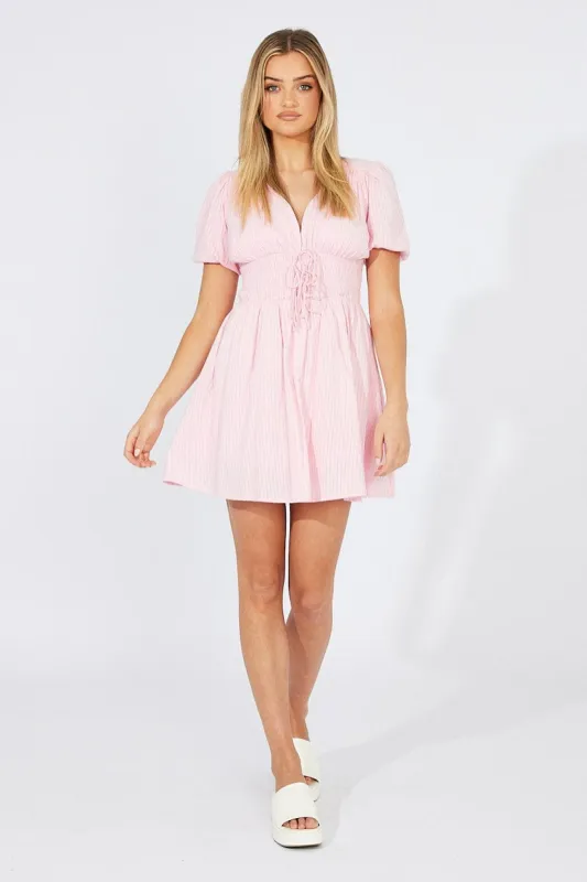 Pink Fit And Flare Dress Puff Sleeve sold by Ally Fashion