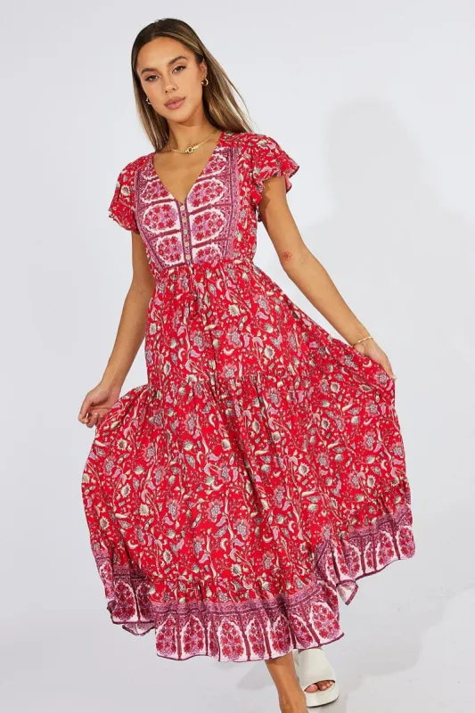 Red Boho Maxi Dress Short Sleeve sold by Ally Fashion