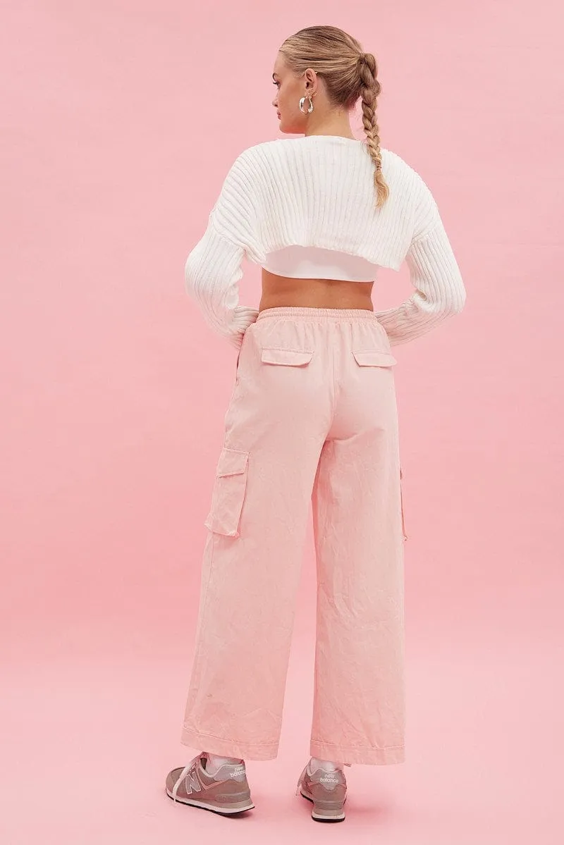 Pink Cargo Pant Wide Leg Elastic Waist Cotton Twill sold by Ally Fashion product image thumbnail 5