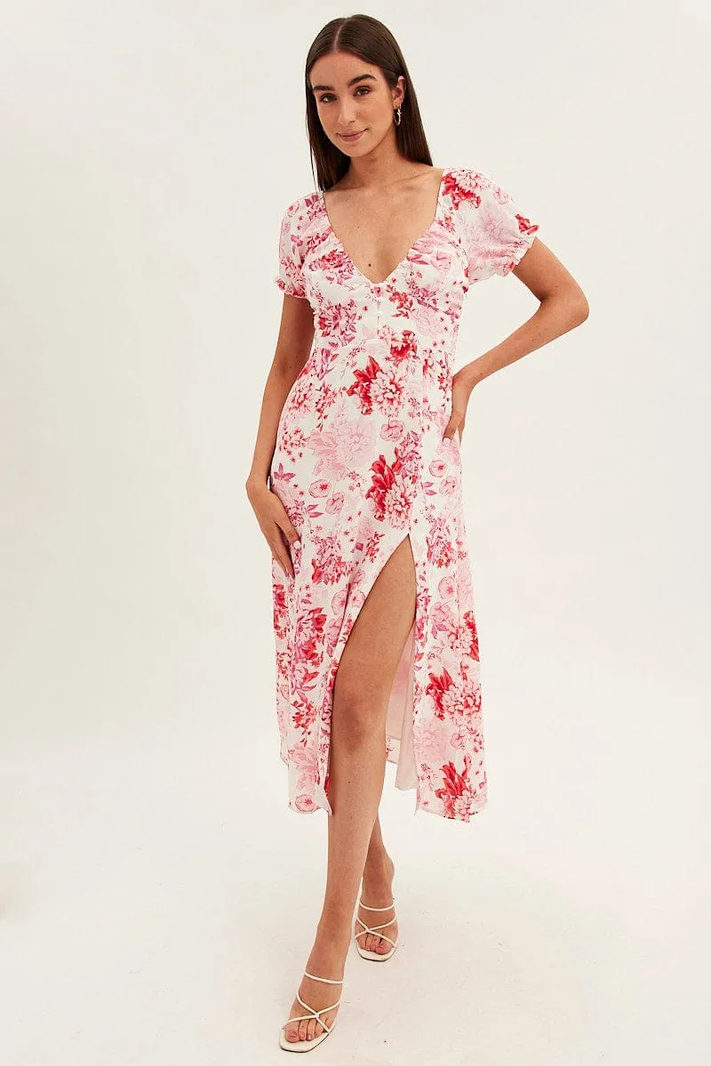 Pink Floral Midi Dress Short Sleeve Sweet Heart Neck sold by Ally Fashion product image thumbnail 3