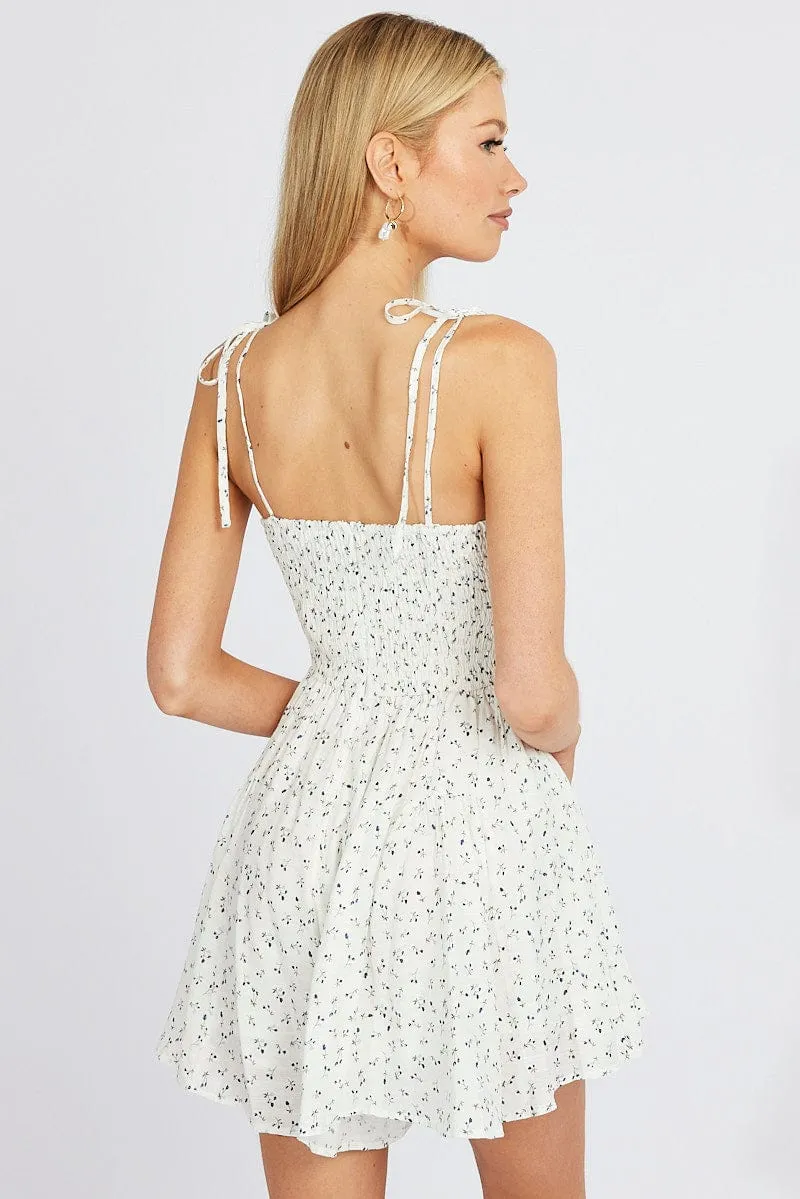 White Ditsy Fit And Flare Playsuit Gathered Bust Sleeveless sold by Ally Fashion product image thumbnail 5