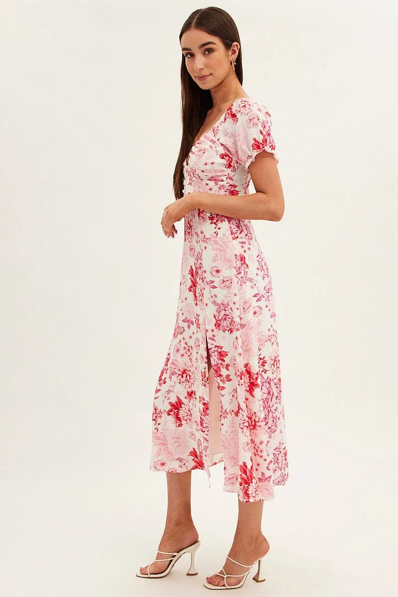 Pink Floral Midi Dress Short Sleeve Sweet Heart Neck sold by Ally Fashion product image thumbnail 4