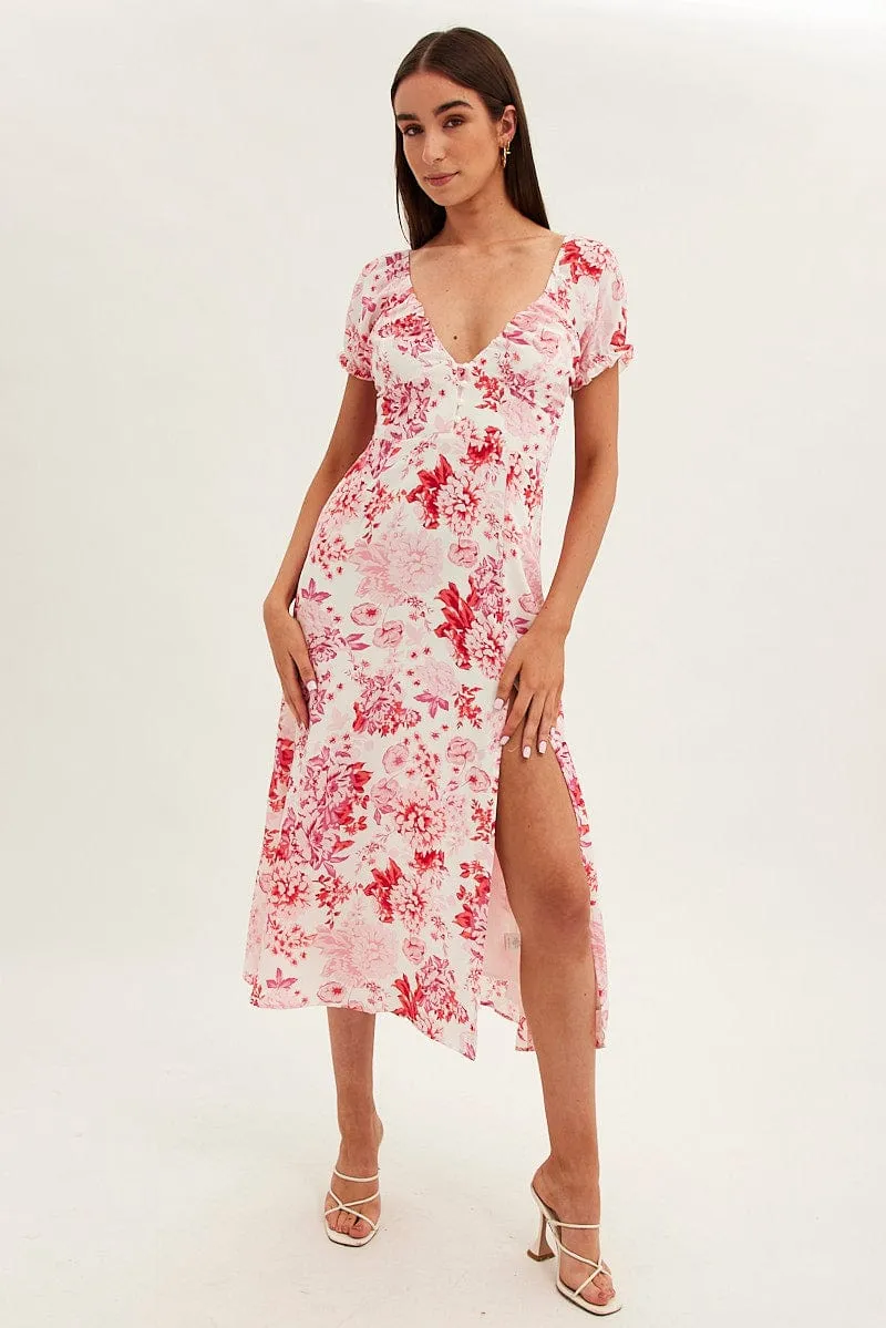 Pink Floral Midi Dress Short Sleeve Sweet Heart Neck sold by Ally Fashion