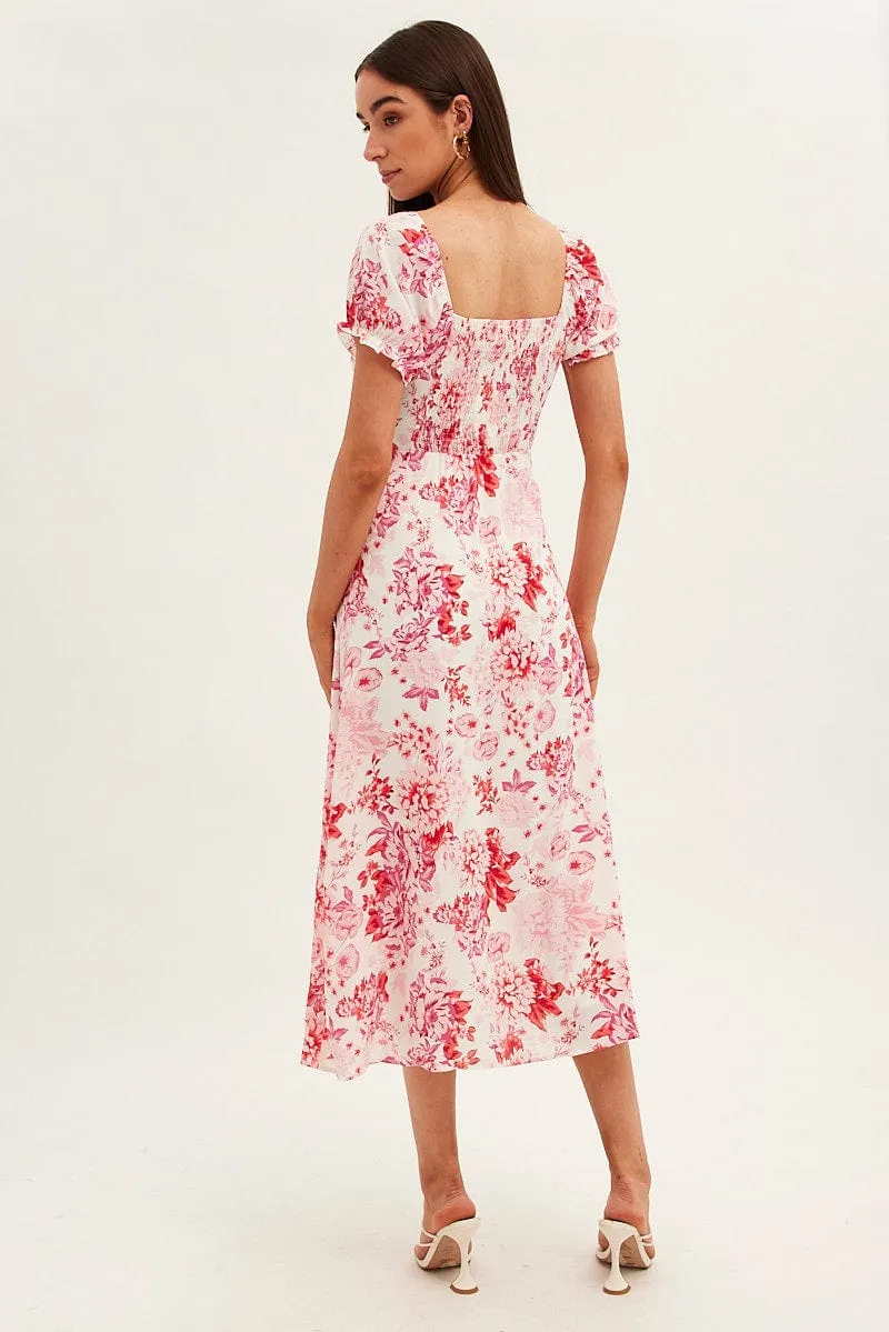 Pink Floral Midi Dress Short Sleeve Sweet Heart Neck sold by Ally Fashion product image thumbnail 5