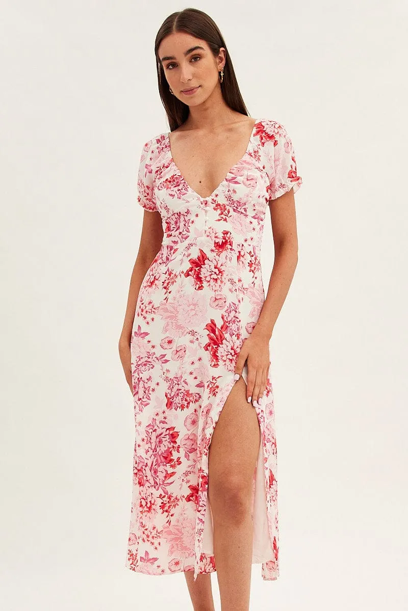 Pink Floral Midi Dress Short Sleeve Sweet Heart Neck sold by Ally Fashion product image thumbnail 2