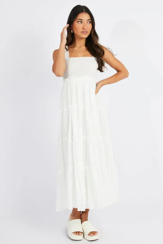 White Maxi Dress Shirred Bust Tiered sold by Ally Fashion
