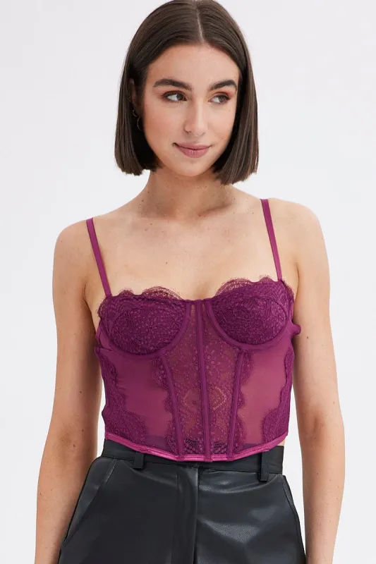 Purple Crop Top Sleeveless Sweetheart Neckline Cami Lace sold by Ally Fashion