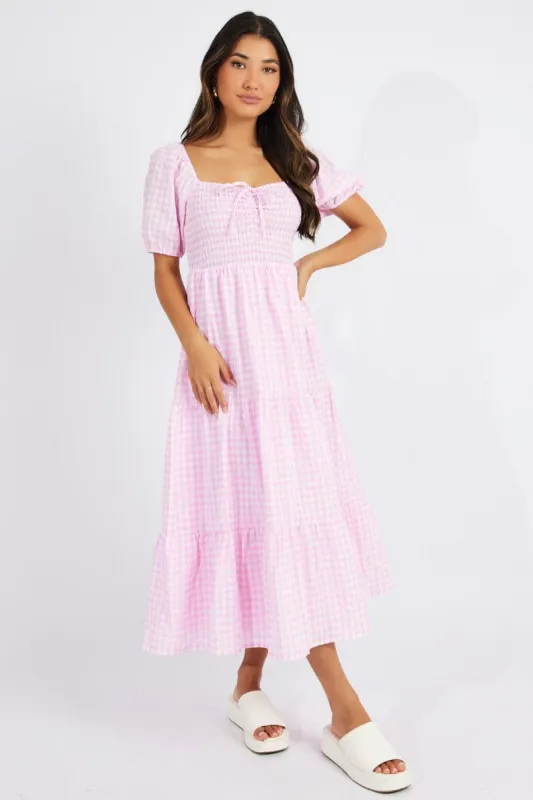 Pink Check Maxi Dress Short Sleeve Shirred sold by Ally Fashion