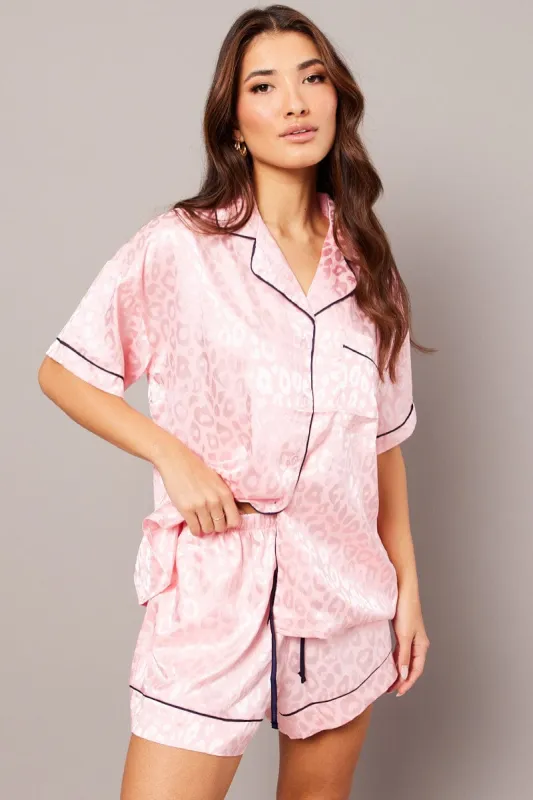 Pink Pyjama Set Leopard Jacquard Piping Satin PJ sold by Ally Fashion