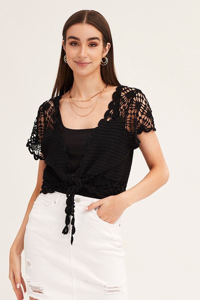 Black Crochet Cardigan Short Sleeve Tie Up sold by Ally Fashion