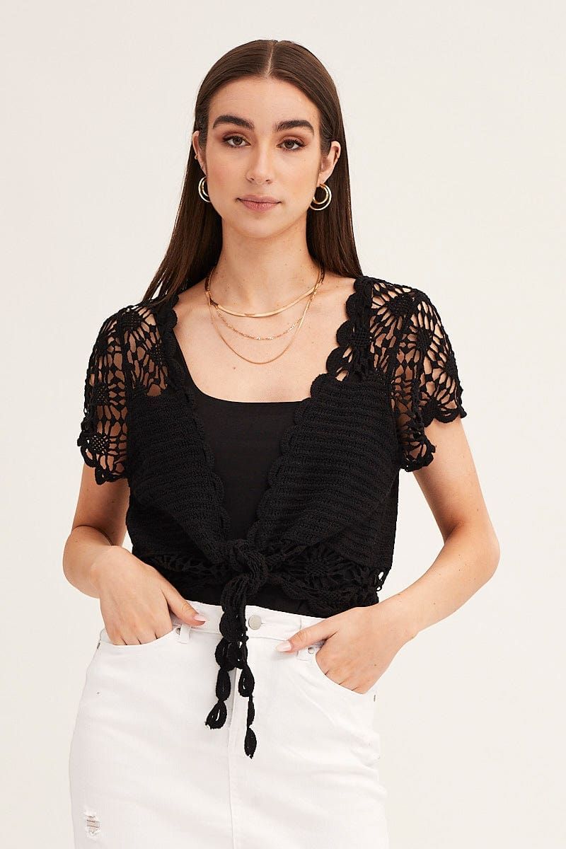 Black Crochet Cardigan Short Sleeve Tie Up sold by Ally Fashion product image thumbnail 3
