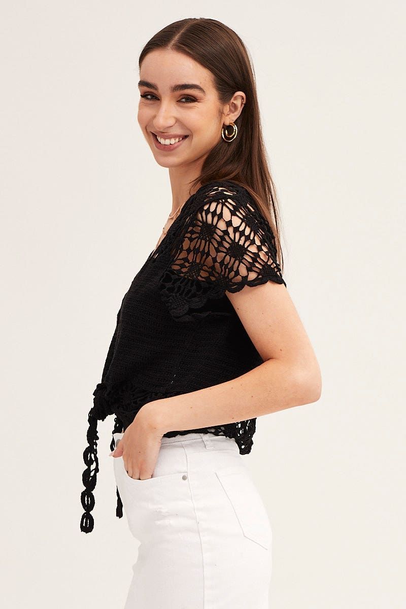 Black Crochet Cardigan Short Sleeve Tie Up sold by Ally Fashion product image thumbnail 4