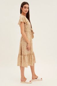 Beige Geo Button Front Bell Sleeve Midi Dress sold by Ally Fashion