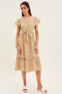 Beige Geo Button Front Bell Sleeve Midi Dress sold by Ally Fashion
