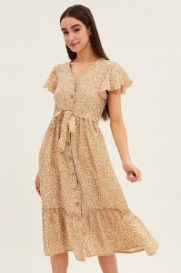 Beige Geo Button Front Bell Sleeve Midi Dress sold by Ally Fashion