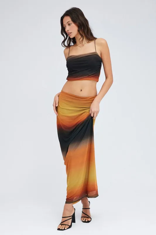 Brown Abstract Maxi Skirt Pencil High Rise Mesh sold by Ally Fashion