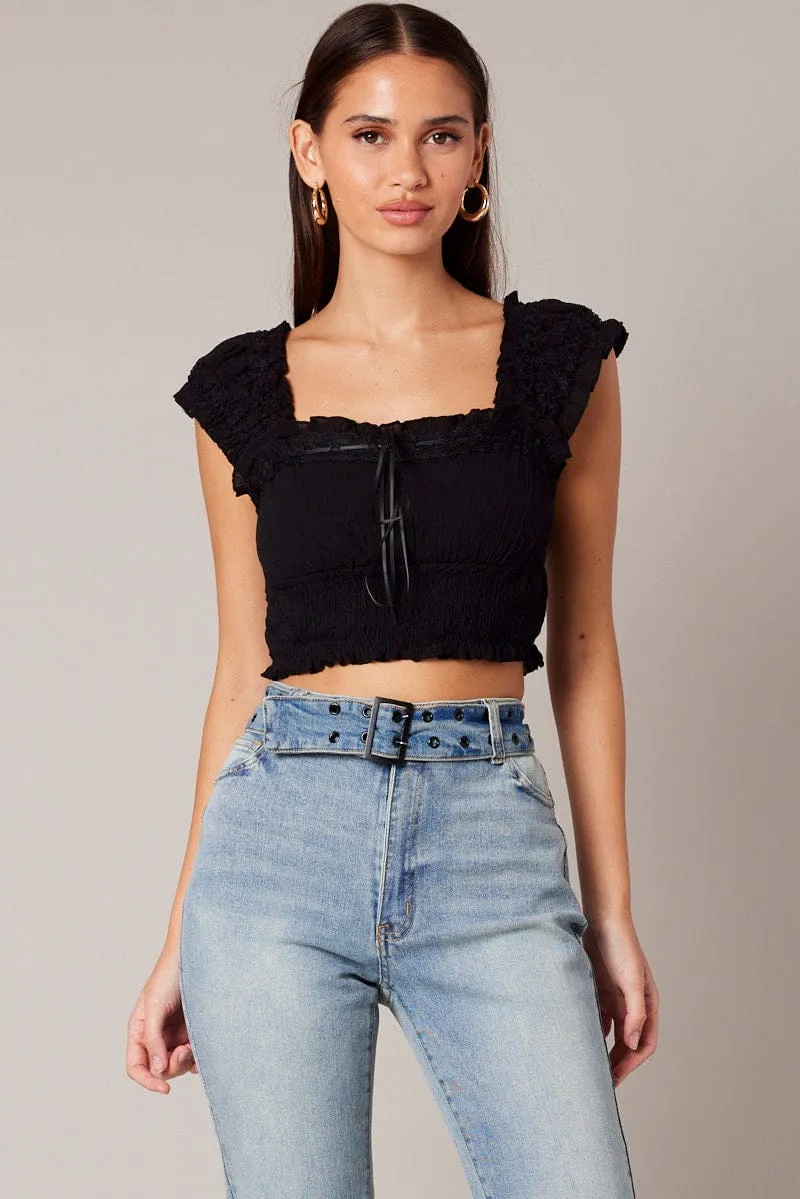 Black Crop Top Sleeveless Shirred Waist Satin Bow sold by Ally Fashion product image thumbnail 3
