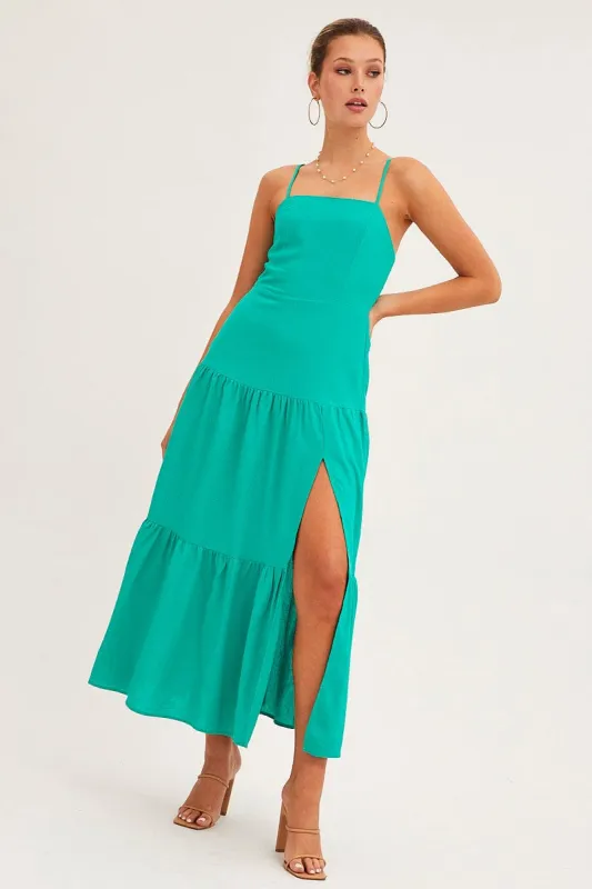 Green Maxi Dress Sleeveless Square Neck Linen Blend sold by Ally Fashion