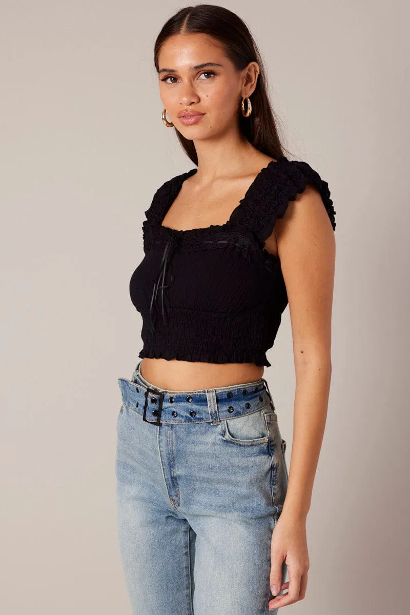 Black Crop Top Sleeveless Shirred Waist Satin Bow sold by Ally Fashion product image thumbnail 4