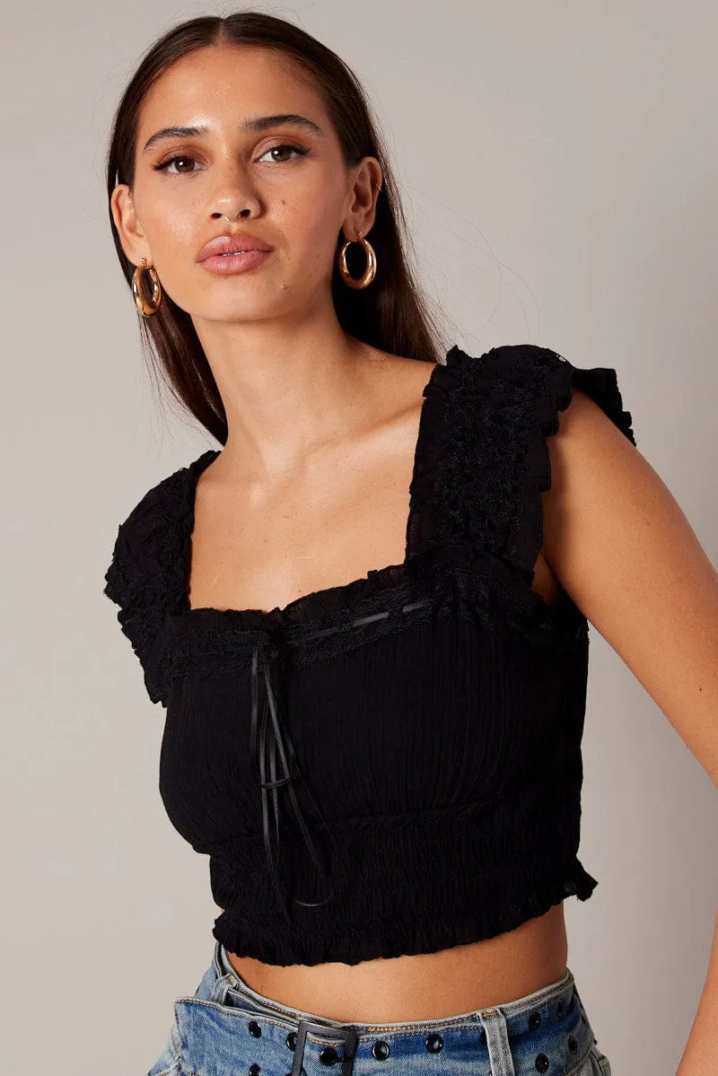Black Crop Top Sleeveless Shirred Waist Satin Bow sold by Ally Fashion