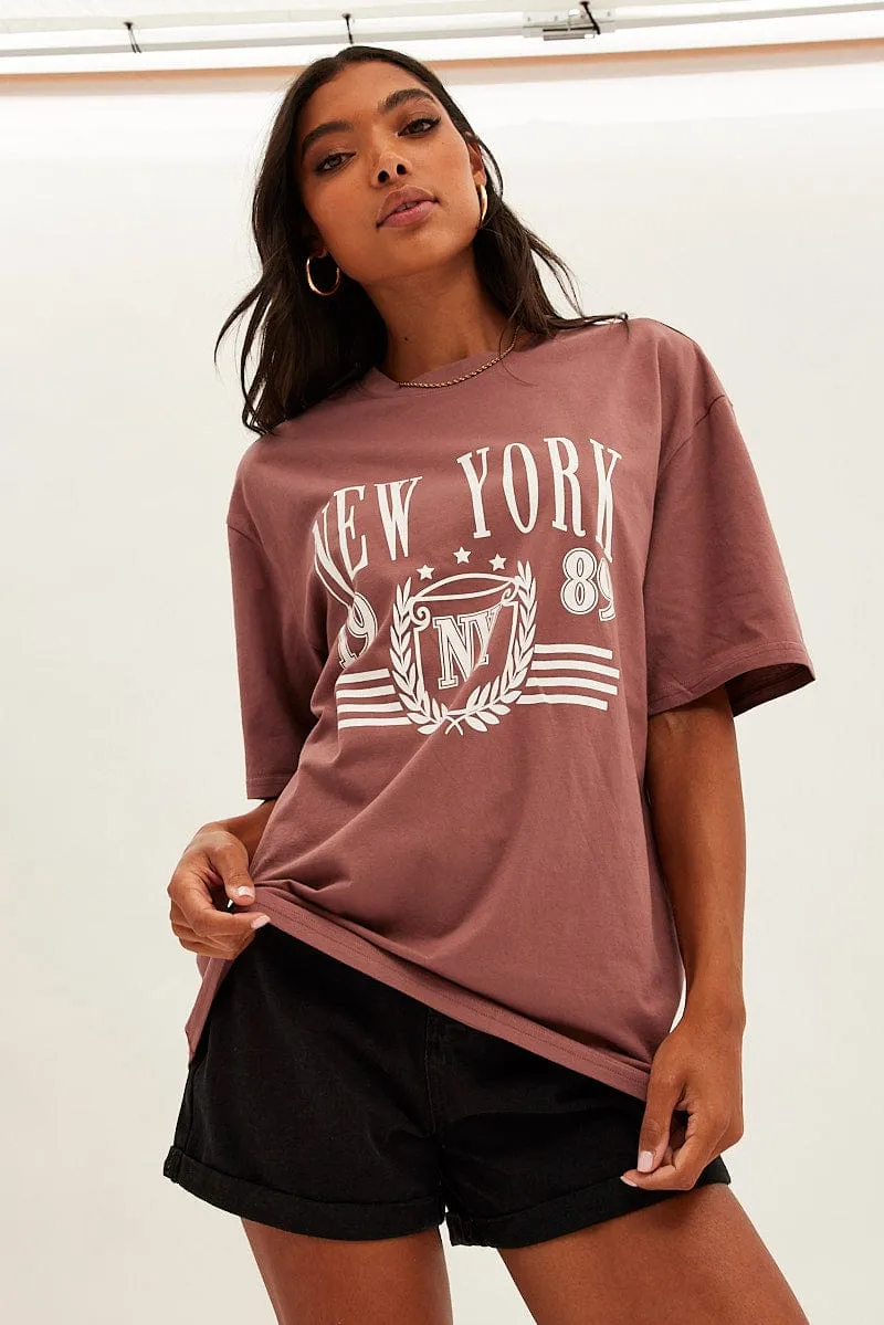 Brown T Shirt Short Sleeve Crew Neck New York Cotton sold by Ally Fashion