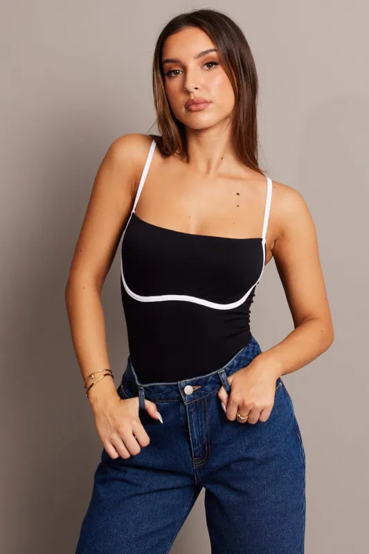 Black Bodysuit Sleeveless Contrast Detail Seamless sold by Ally Fashion