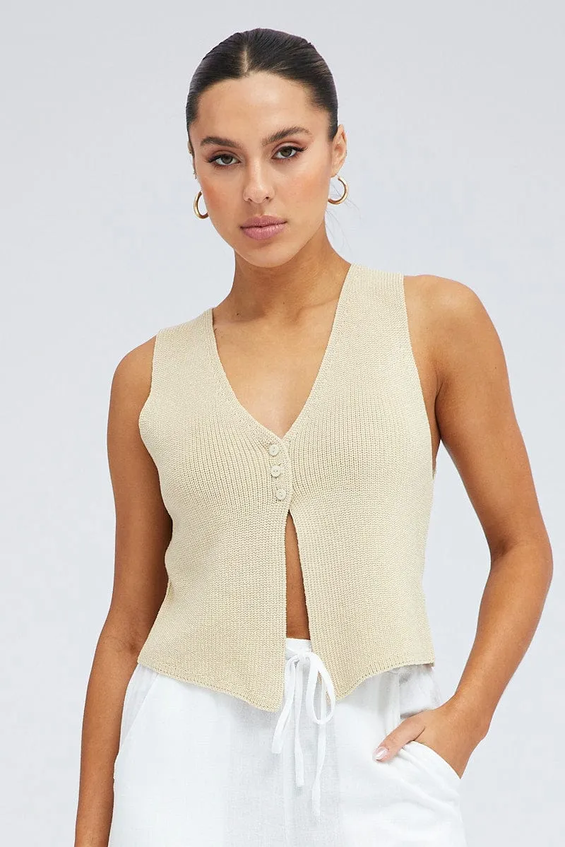 Beige Knit Vest V neck sold by Ally Fashion product image thumbnail 3