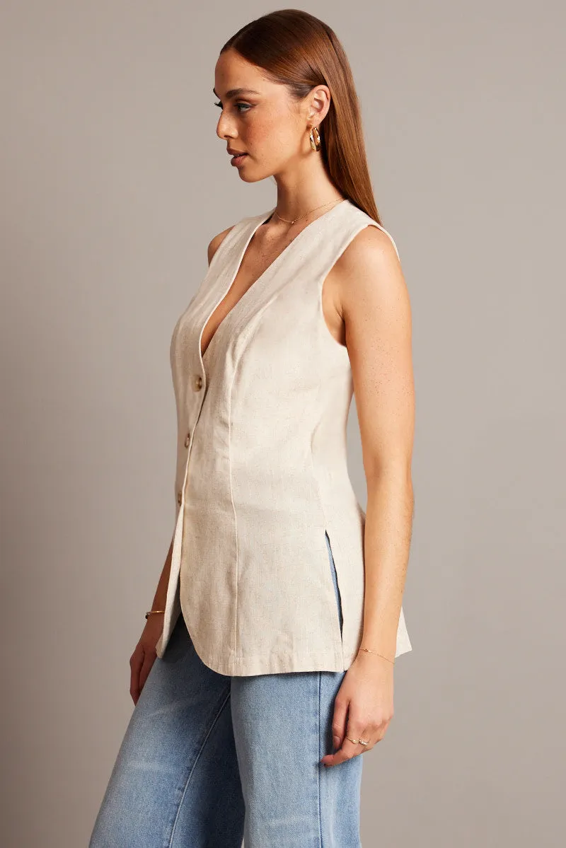 Beige Linen Vest Longline V Neck sold by Ally Fashion product image thumbnail 4