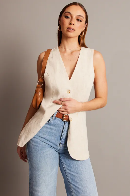 Beige Linen Vest Longline V Neck sold by Ally Fashion