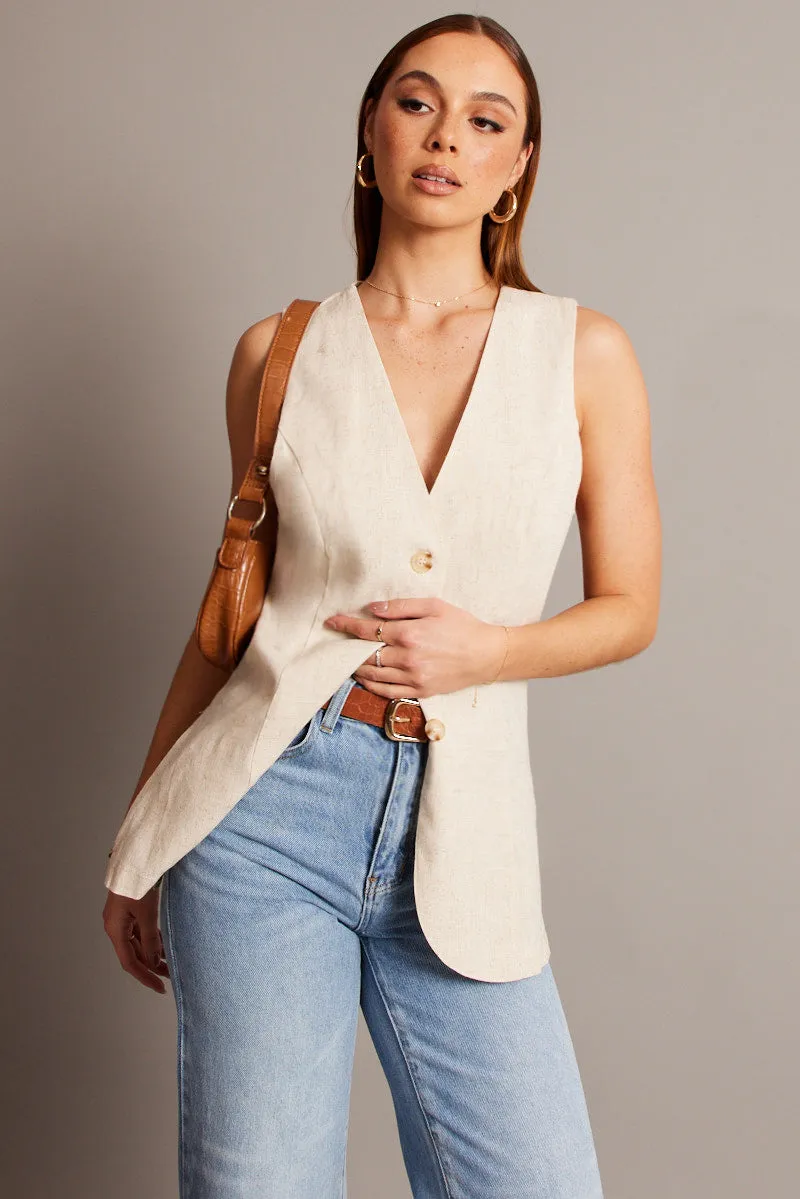 Beige Linen Vest Longline V Neck sold by Ally Fashion