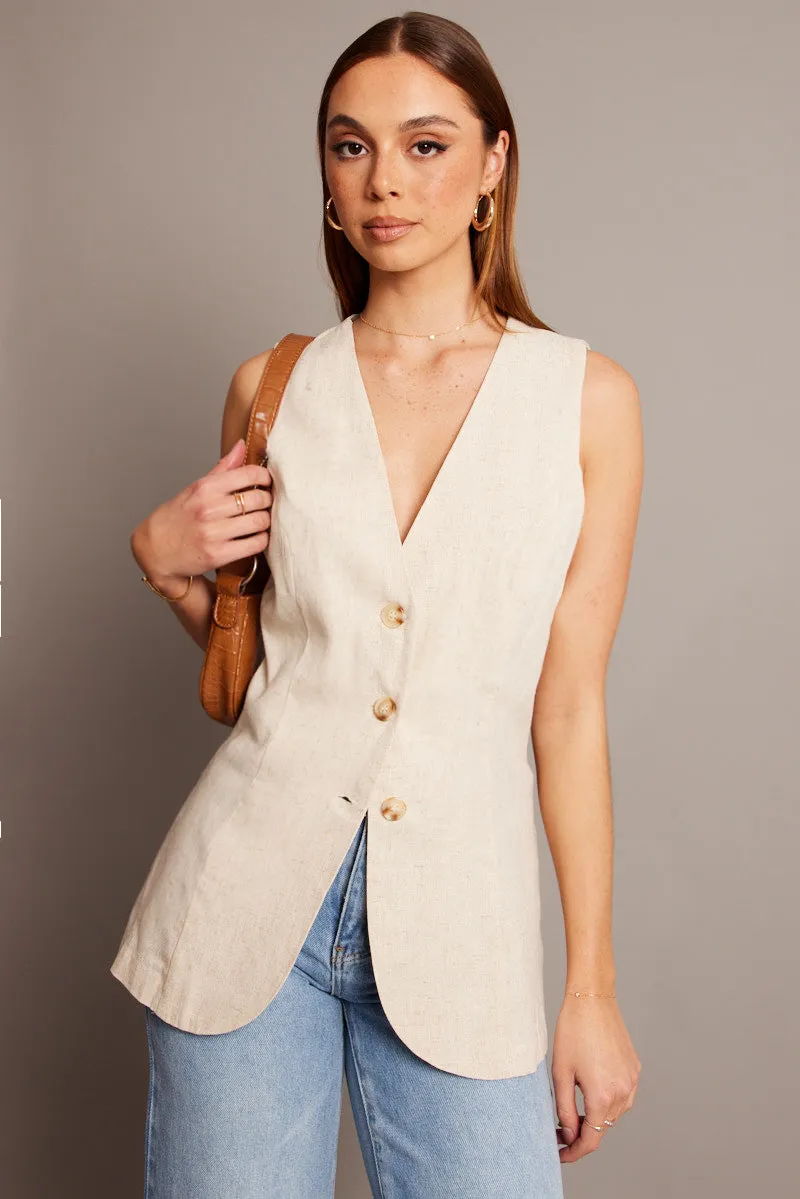 Beige Linen Vest Longline V Neck sold by Ally Fashion product image thumbnail 3