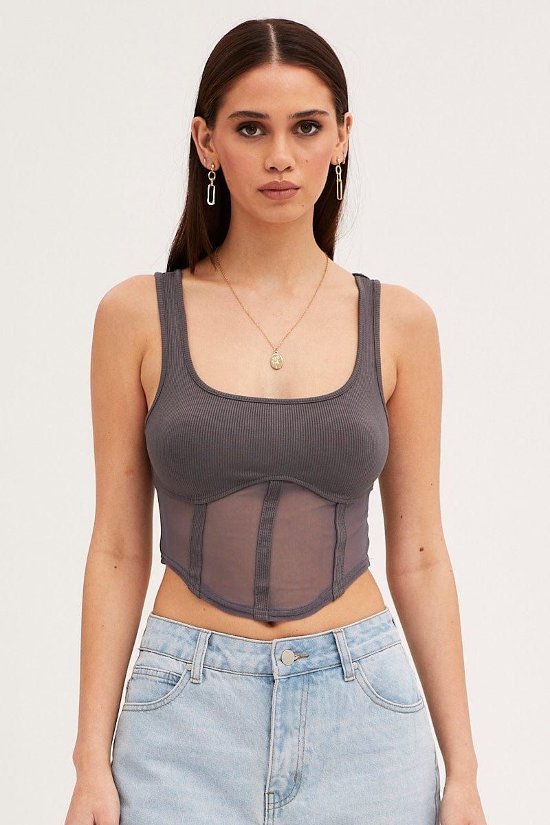 Grey Mesh Patchwork Tank Top Corset Top sold by Ally Fashion product image thumbnail 3